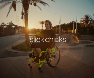 image of Jamey Perry for Slick Chick Online sitting in a wheelchair on a basketball court outside