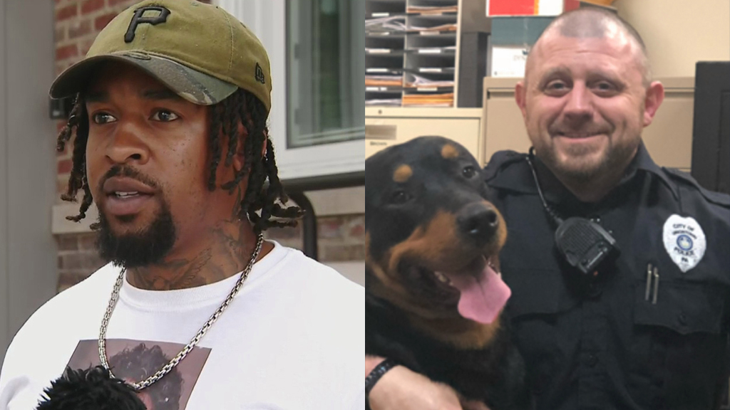 McLee (left) with tattoos visible on his neck and arms and twisted dreads that reach below his chin, had spent a year in jail before a jury acquitted him on the charges. Uniontown police are asking for prayers for officer Hanley and the other driver.