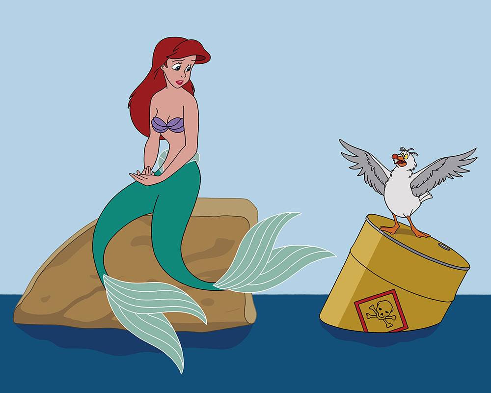 Ariel is surrounded by trash and filth.