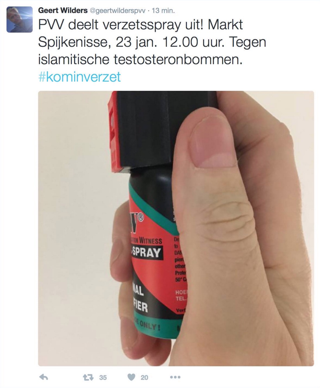 Met deze spray kan men iemand ‘permanent’ markeren en is bedoeld om – zoals Wilders het zegt ‘Vrouwen te beschermen tegen Islamitische testosterosbommen’