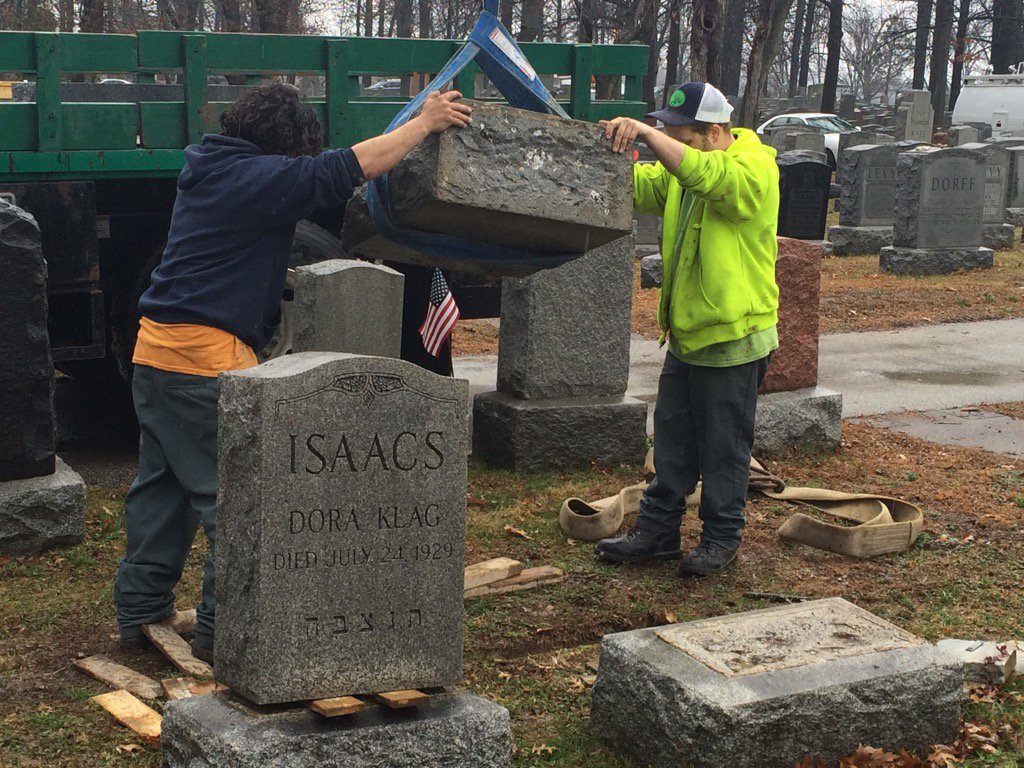 Up to 200 grave stones were hit in the attack at Chesed Shel Emeth Cemetery in University City. Repairs are underway with the help of the Muslim fundraiser and members of the whole community volunteered their time.“One measure of a community's strength is what we do in moments like this,” Missouri Gov. Eric Greitens wrote on his Facebook page in response to the incident. “We can choose to cower, or we can choose productive action and shared service. We can turn a vile act into a moment for resolve and a demonstration of our state's faith.”

Muslims are fundraising to repair the damage with a campaign organised by Linda Sarsour of MPower Change and Tarek El-Messidi of CelebrateMercy so far raising over $64,000 - more than triple the initial goal of $20,000.
