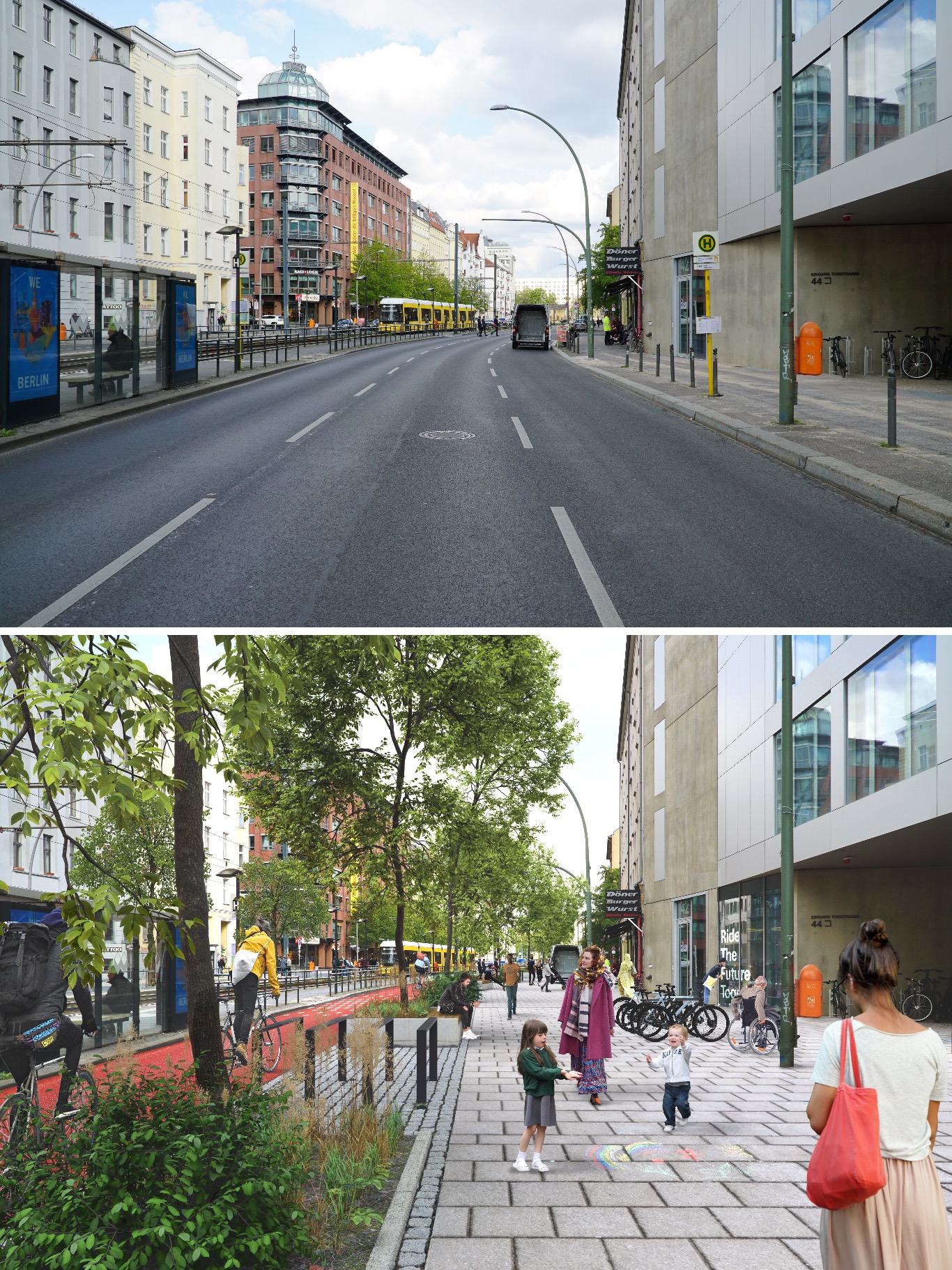 Nevertheless, in the city center, cars still crowd roads and parking spaces, trends highlighted by campaigners in renderings showing how Berlin roads look today and how they might appear without cars.