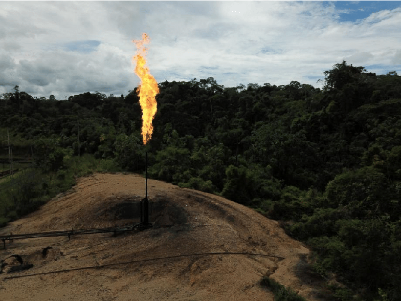 This is a common example of gas flaring practices in the Ecuadorian Amazon: not confined torch, proximity to rainforest ecosystems. Notice the bare soil resulting from the higher temperature close to flare stack. The flares burn at an average temperature of 400 degrees Celsius 24-hours a day, year-round, and many are located in residential areas with no protection for exposed families.