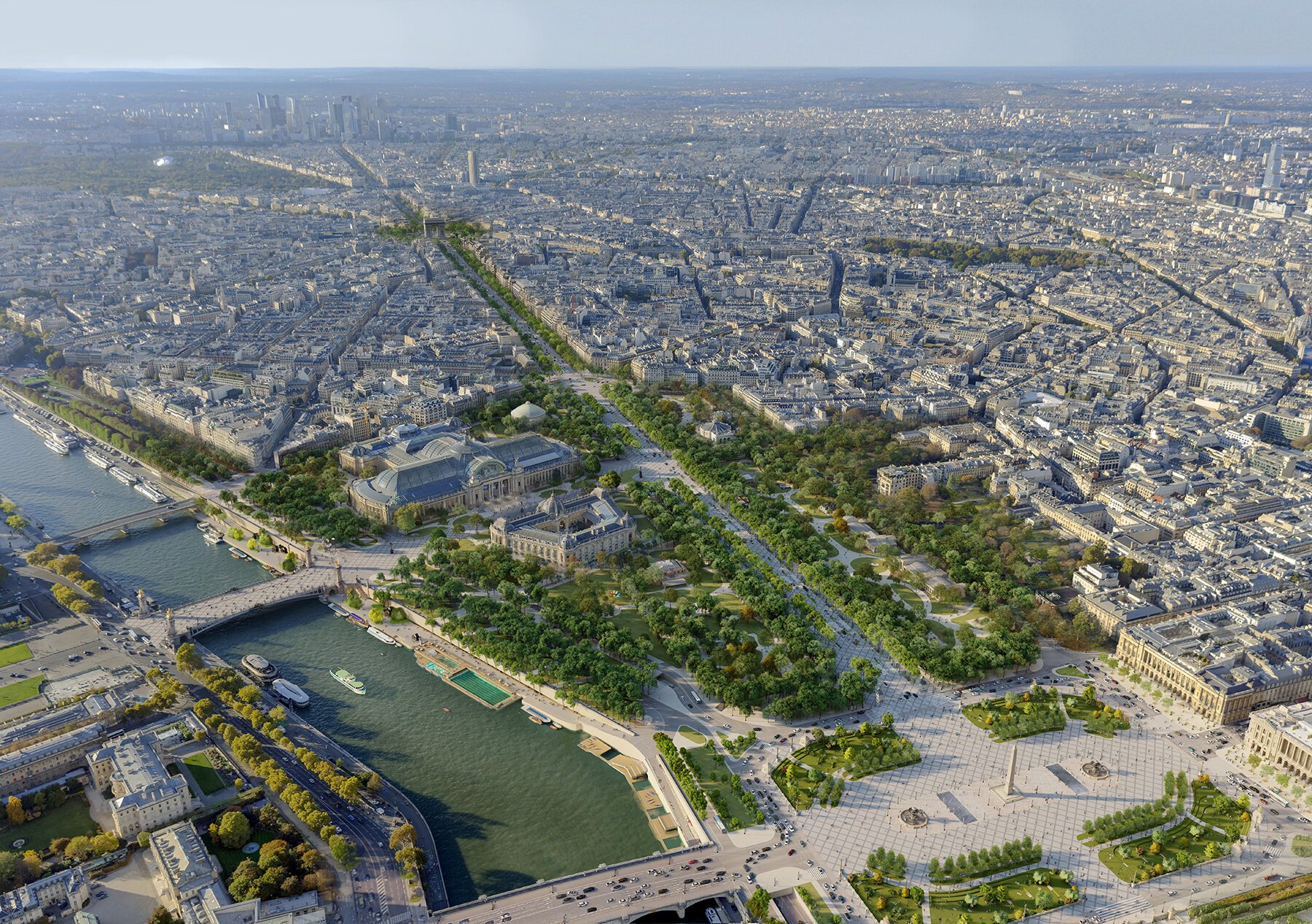 Simulations show that traffic on the Avenue des Champs‐Élysées could already be handled efficiently with a single two‐lane, two‐way road, thus freeing up considerable space for the pedestrian promenade and new mobility. Installing low‐noise road surfacing and the electrification of the vehicle fleet will result in a dramatic reduction in noise pollution, fine particles air pollution, and CO2 emissions by 2030.
