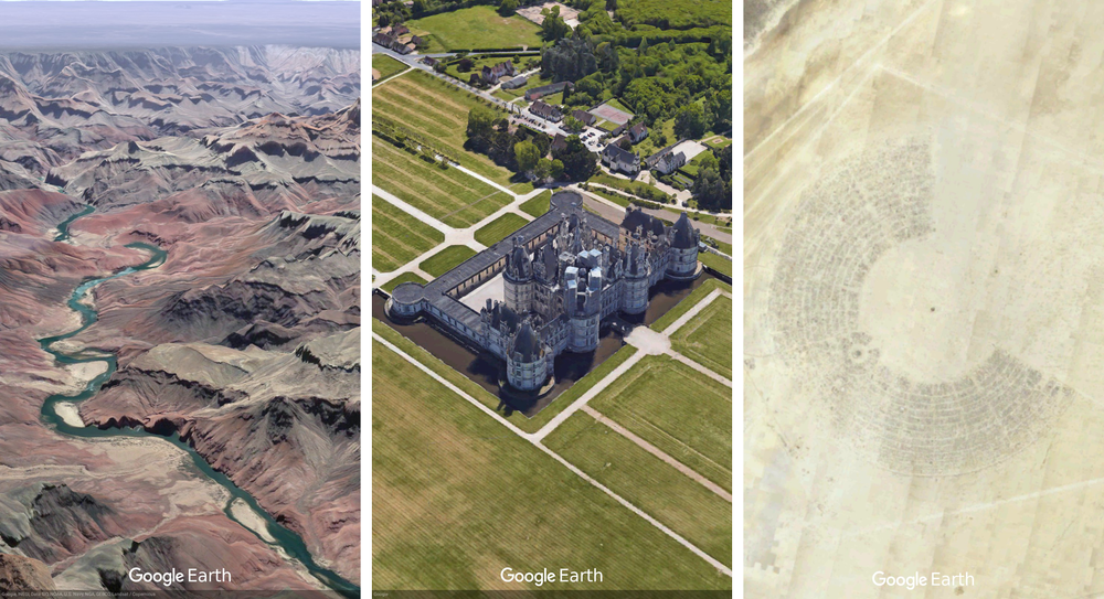 Click the new 3D button to see any place from any angle. Swoop around the Grand Canyon and see geological layers, or check out the majestic architecture and pristine grounds of the 500-year-old Château de Chambord in the Loire Valley in France. Burning Man Festival, pictured right.