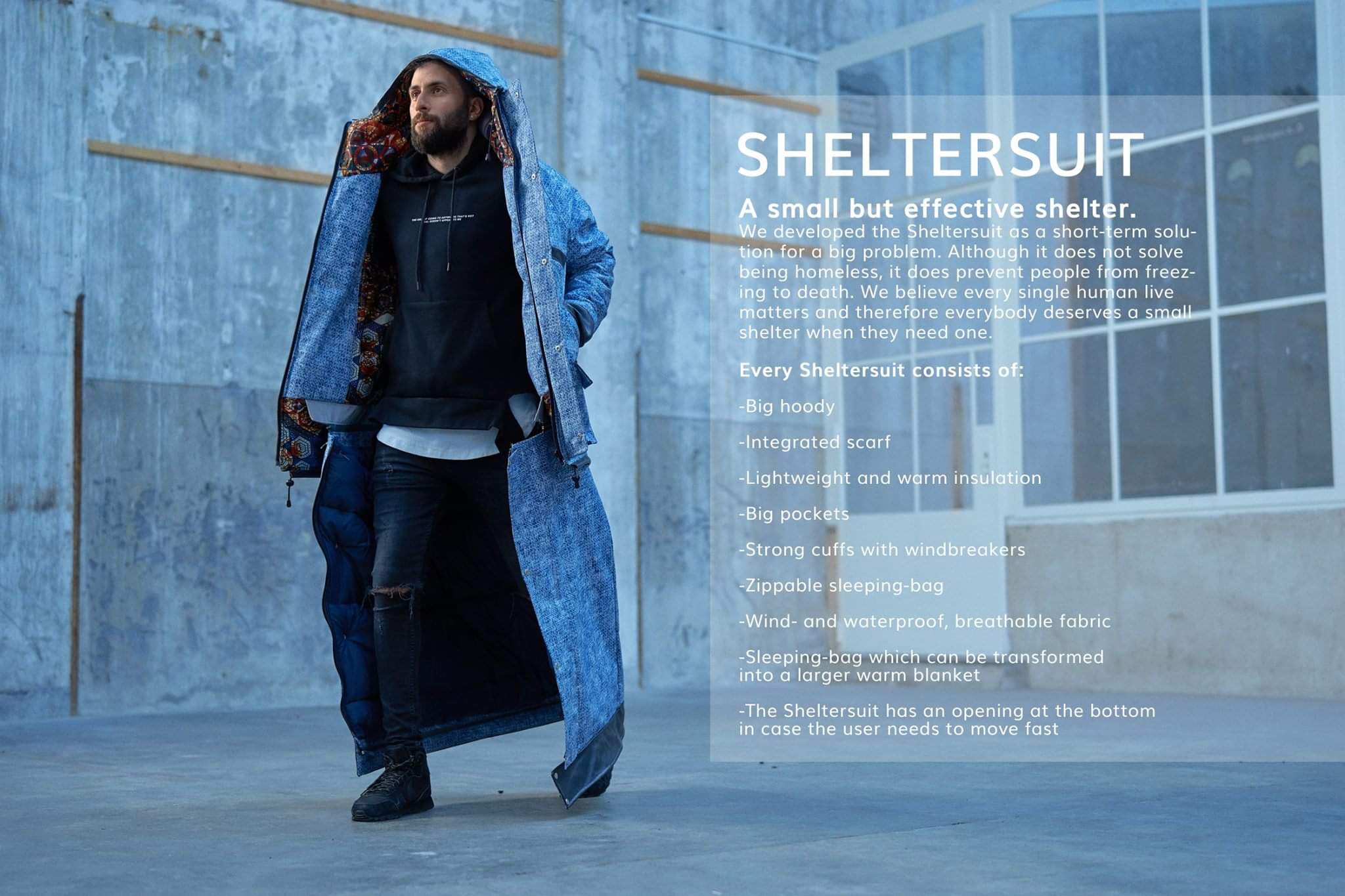 The German Design Council officially selected Sheltersuit as a winner of the German Design Award 2018. The Sheltersuit is a high quality water-and windproof jacket, combined with an attachable zip-on sleeping bag, that provides protection and warmth in any type of weather.