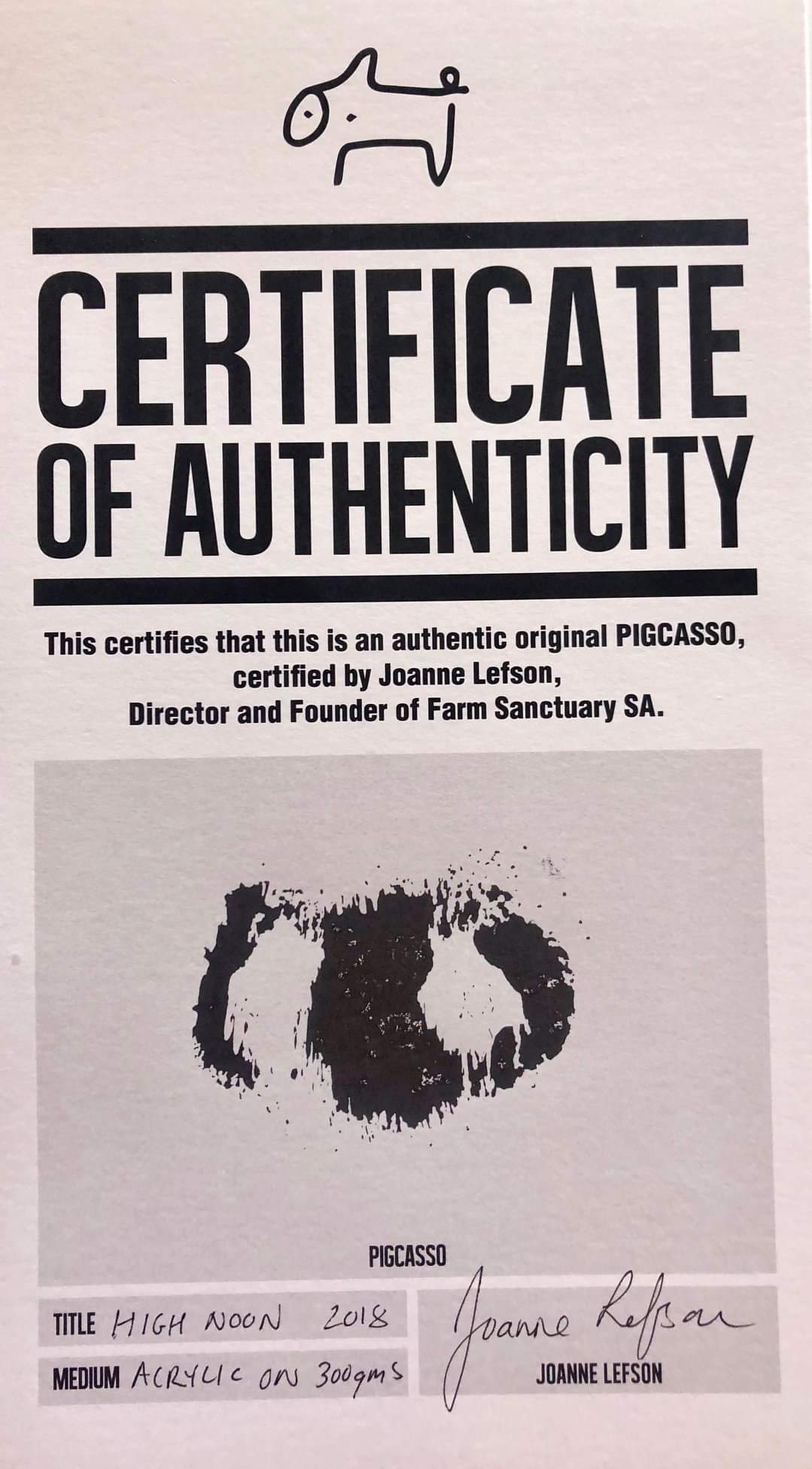 Pigcasso’s certificates of authenticity come with an imprint of the end of her snout.