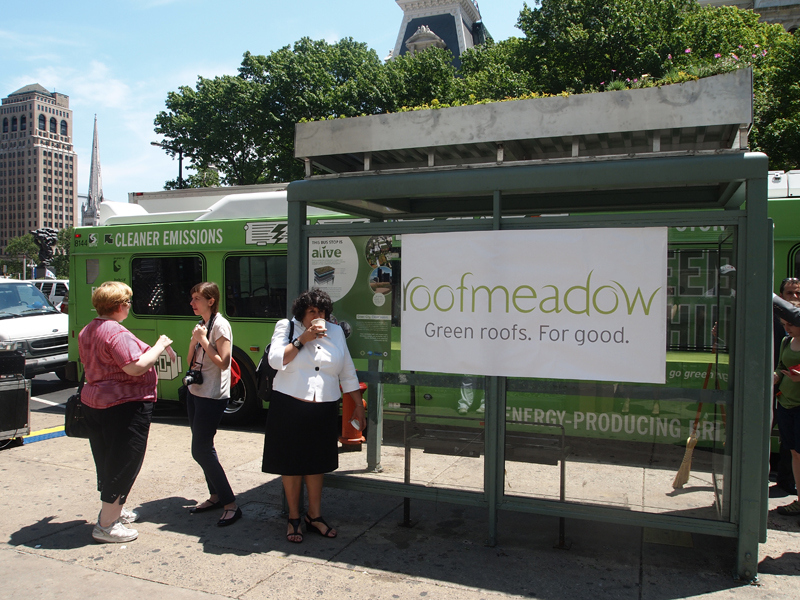 This first 60 square foot bus stop green roof was based on Roofmeadow's idea to create a prefabricated kit that can be used to install a green roof on any standard bus shelter in Philadelphia and is meant to help promote PWD's efforts to raise awareness around urban storm water issues.