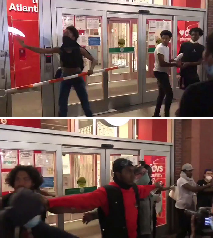 Een virale video toont plunderaars die proberen een Brooklyn Target te plunderen aan het eind van de zaterdag - om vervolgens te worden tegengehouden door een menselijke muur van demonstranten.