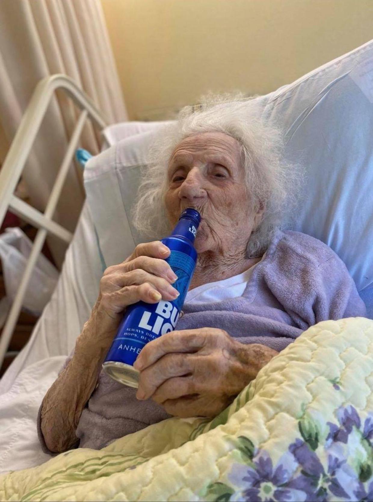 When the 103-year-old recovered, she asked her caretakers for one thing: A Bud Light.