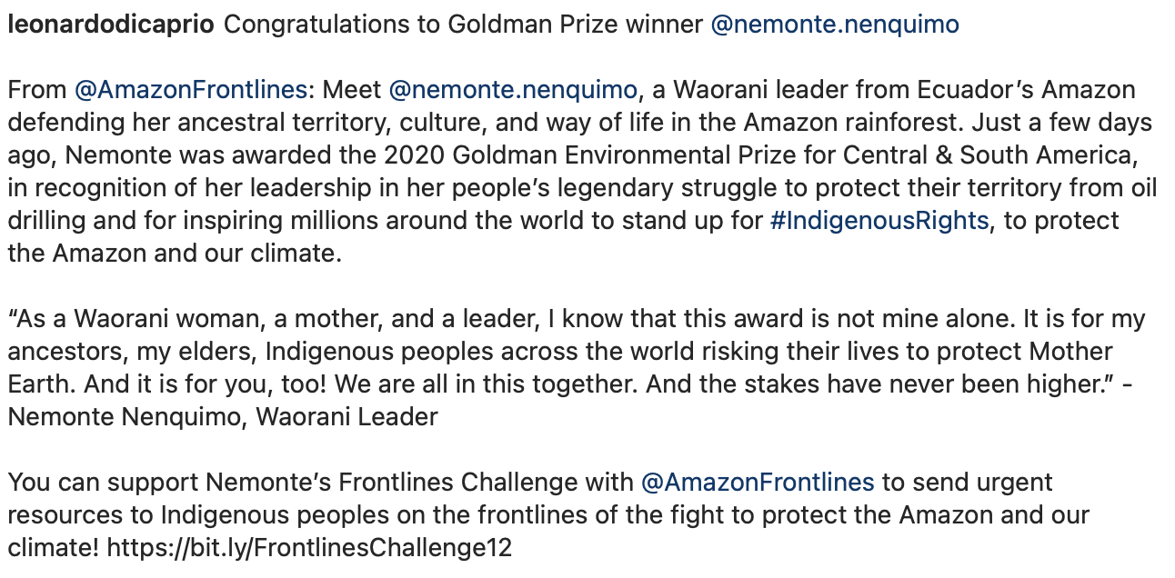 El reconocido actor y activista ambiental Leonardo Di Caprio escribió una emotiva reseña sobre Nemonte Nenquimo y la distinguió como la ecuatoriana más influyente del mundo.