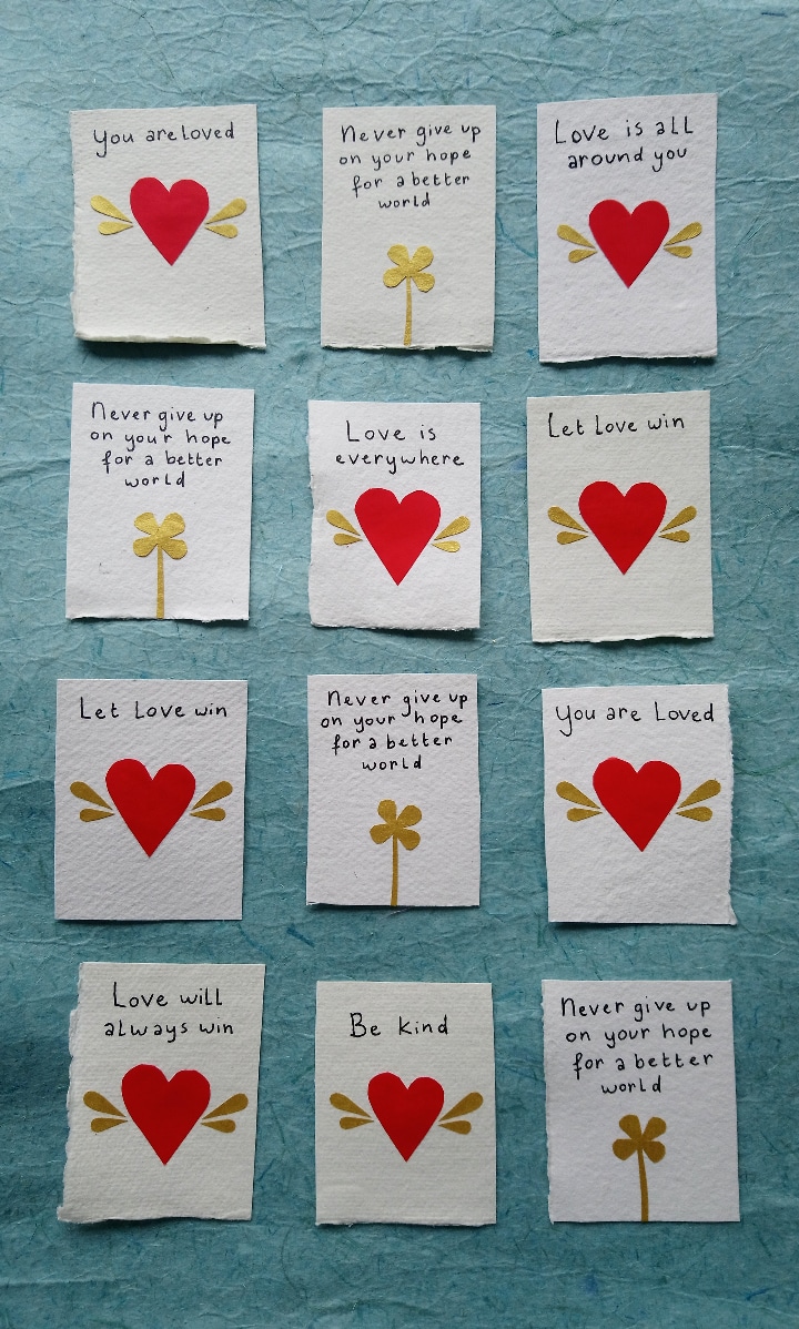 “My name is Sophie and I make Happy Little Moments. These are little cards that I leave behind in public places to create little moments of joy for strangers. They have sweet messages on a small card in an envelope that states ‘For the finder’.”