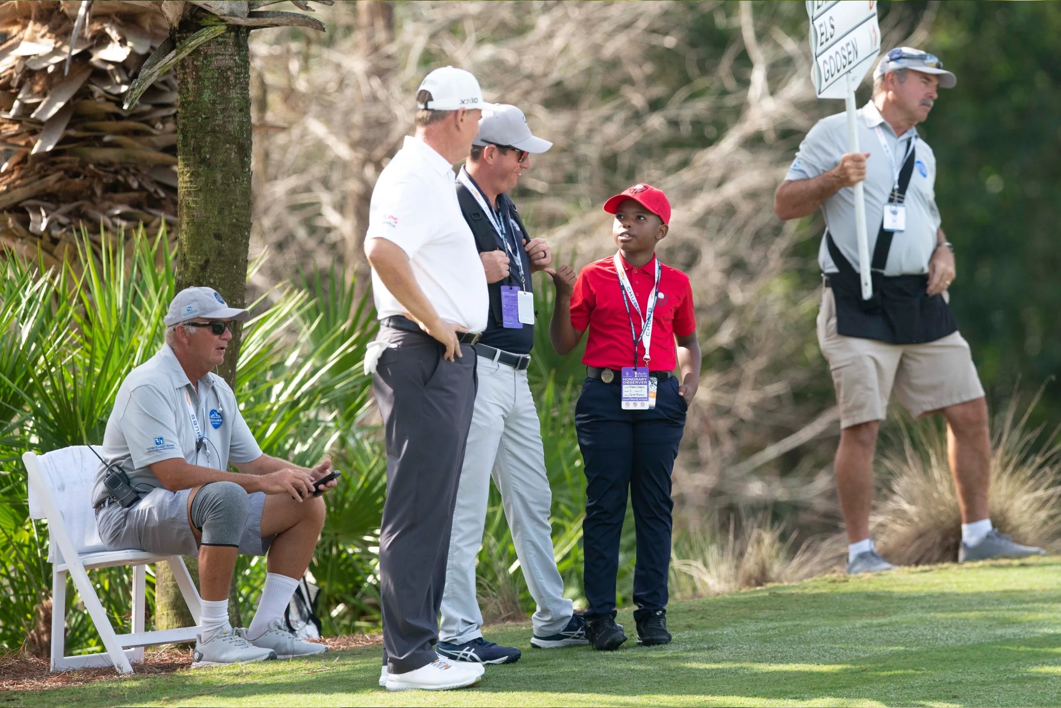 Bonas talks with Els on the first hole during the first round of the Chubb Classic, Friday, Feb. 18, 2022, at Tiburón Golf Club at The Ritz-Carlton Golf Resort in Naples, Fla. — LANDON BOST/NAPLES DAILY NEWS/USA TODAY NETWORK-FLORIDA