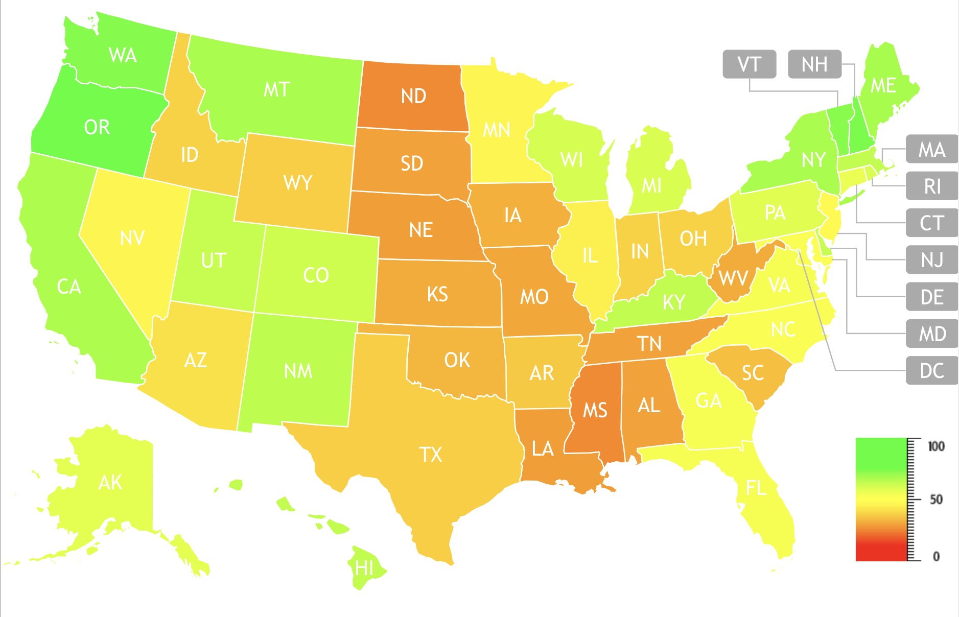 Using Google Search data, researchers were able to determine the levels of interest in vegan and plant-based diets in the United States over the period 2004 to 2019. The search data is compiled state-by-state to build up a picture of interest over the period, each state’s degree of interest is represented using a colour scale to denote intensity of interest. States highlighted in green represent those with a high interest in vegan/plant-based diets, those highlighted in red denote states with the least interest. To use the interactive chart, click link ?