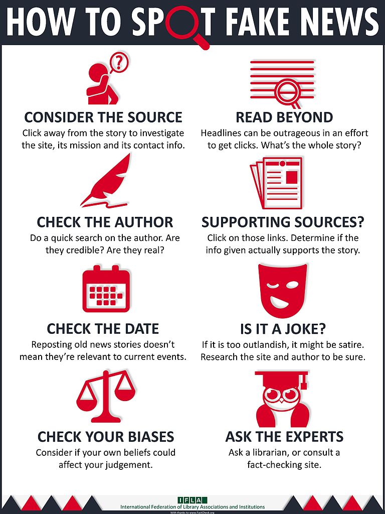 IFLA has made this infographic with eight simple steps (based on FactCheck.org’s 2016 article How to Spot Fake News)  to discover the verifiability of a given news-piece in front of you. Click the source link to download, print, translate, and share – at home, at your library, in your local community, and on social media networks.