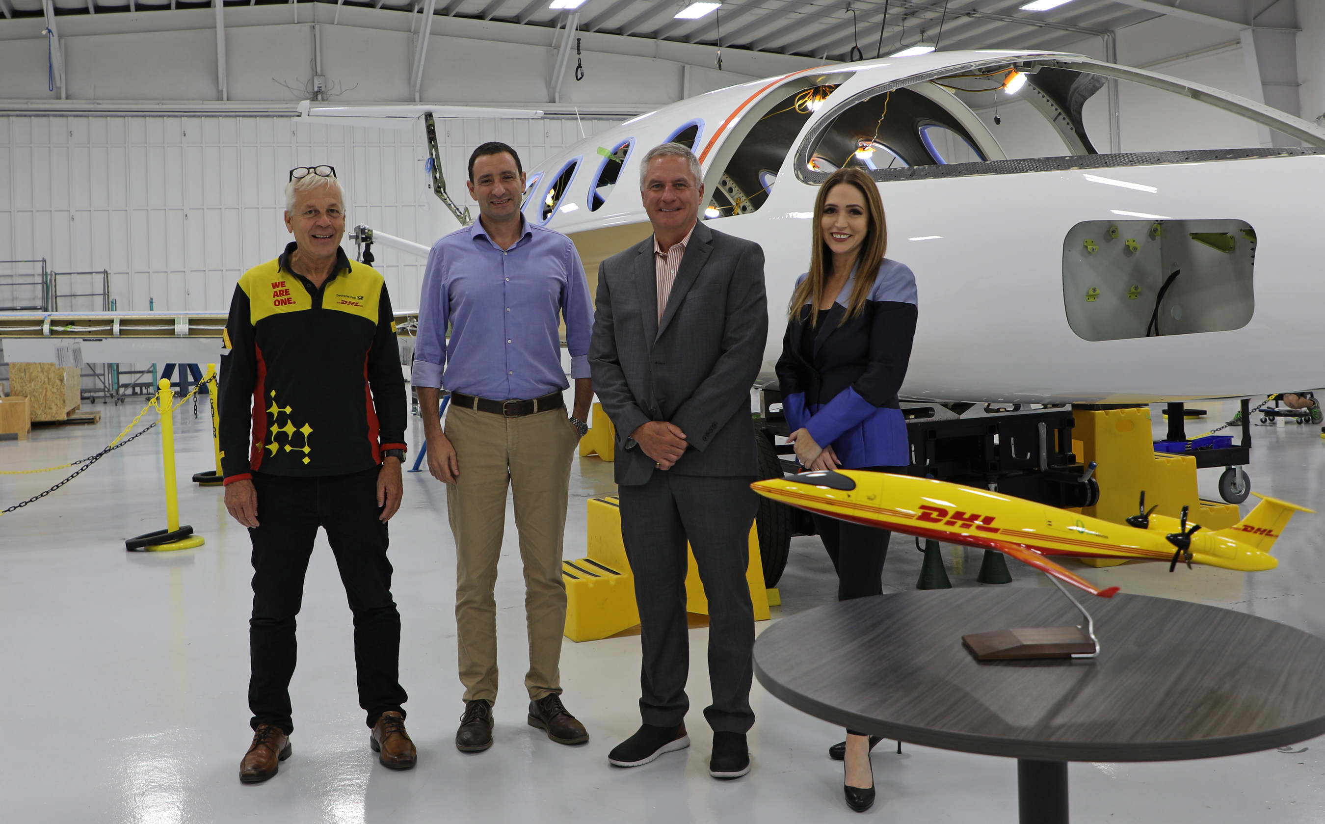 Left to right: Geoff Kehr, SVP Global Aviation Fleet Management, Global Aviation (DHL Express Global Head Office); Omer Bar-Yohay, CEO of Eviation Aircraft; Robert Hyslop, Senior Vice President, DHL Aviation; Jessica Pruss – Head of Sales, General Aviation and Business Aviation, Eviation Aircraft.