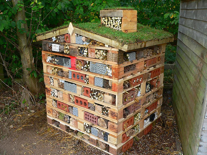 This would be a great way to upcycle some old pallets, and the living roof could be planted with annual flowers to give the bees a convenient food source.