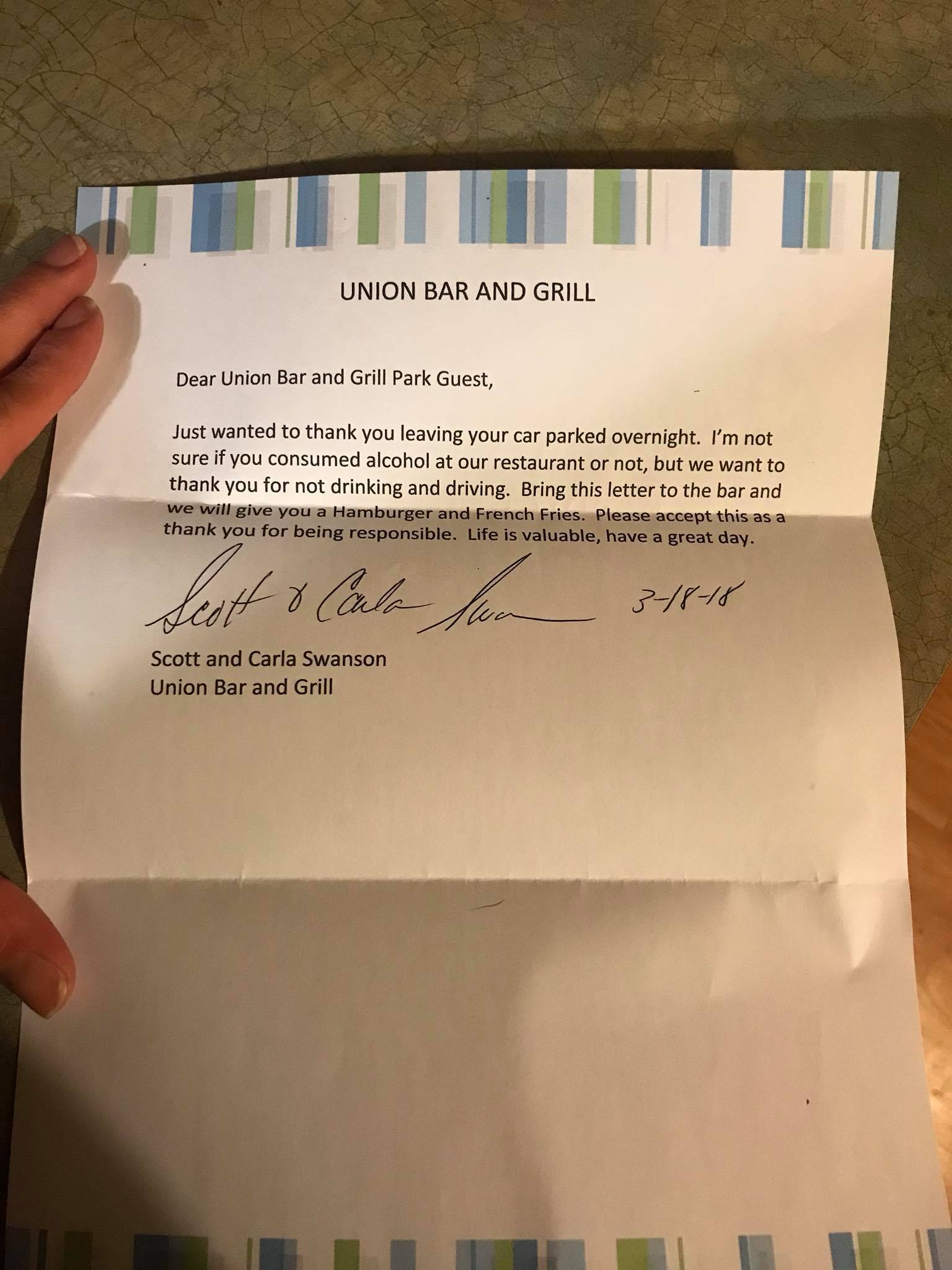 “More bars should take note from Scott and Carla Swanson. Austin (my husband) met a friend at the bar last night so he left his truck there and I picked him up. He found this note on his truck this morning when I took him to go get it. ?” — Janelle Martin