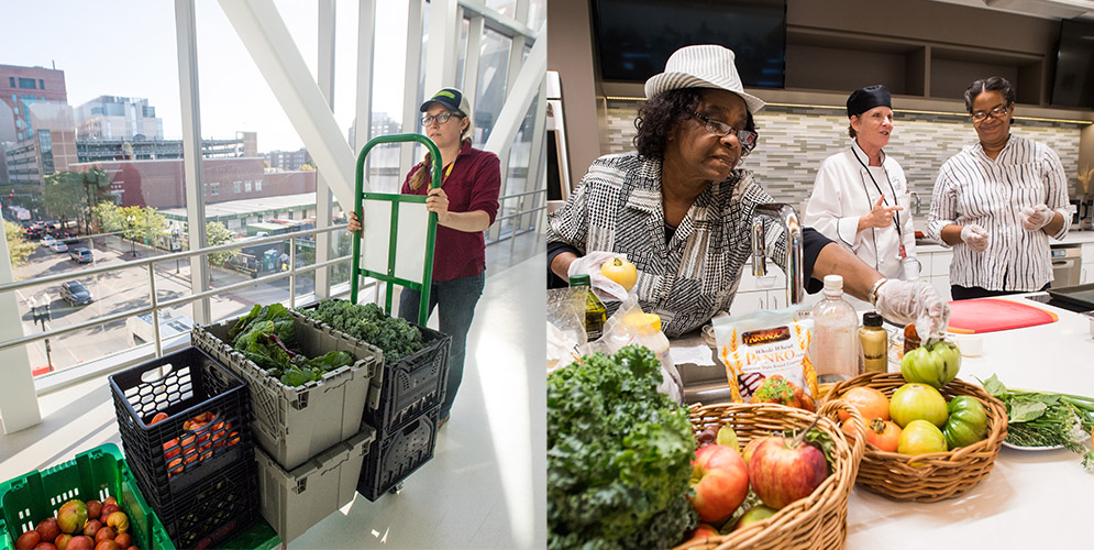The rooftop produce ends up in several venues, including BMC’s Demonstration Kitchen. Classes are held here for patients and staff on cooking healthy meals. Kitchen manager and dietitian Tracey Burg (right photo, center), aided by Maureen Worrell (foreground) and Amazine Bodden, prepared fresh-off-the-farm oven-fried green tomatoes and harvest kale salad recently.