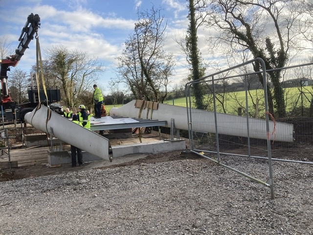 The Re-Wind Network, lead by the Irish team at Munster Technological University and University College Cork successfully constructed a BladeBridge on the Midelton to Youghall greenway in County Cork, Ireland on January 26, 2022.  Engineer-of-record: Kieran Ruane. Design by the Re-Wind Network.