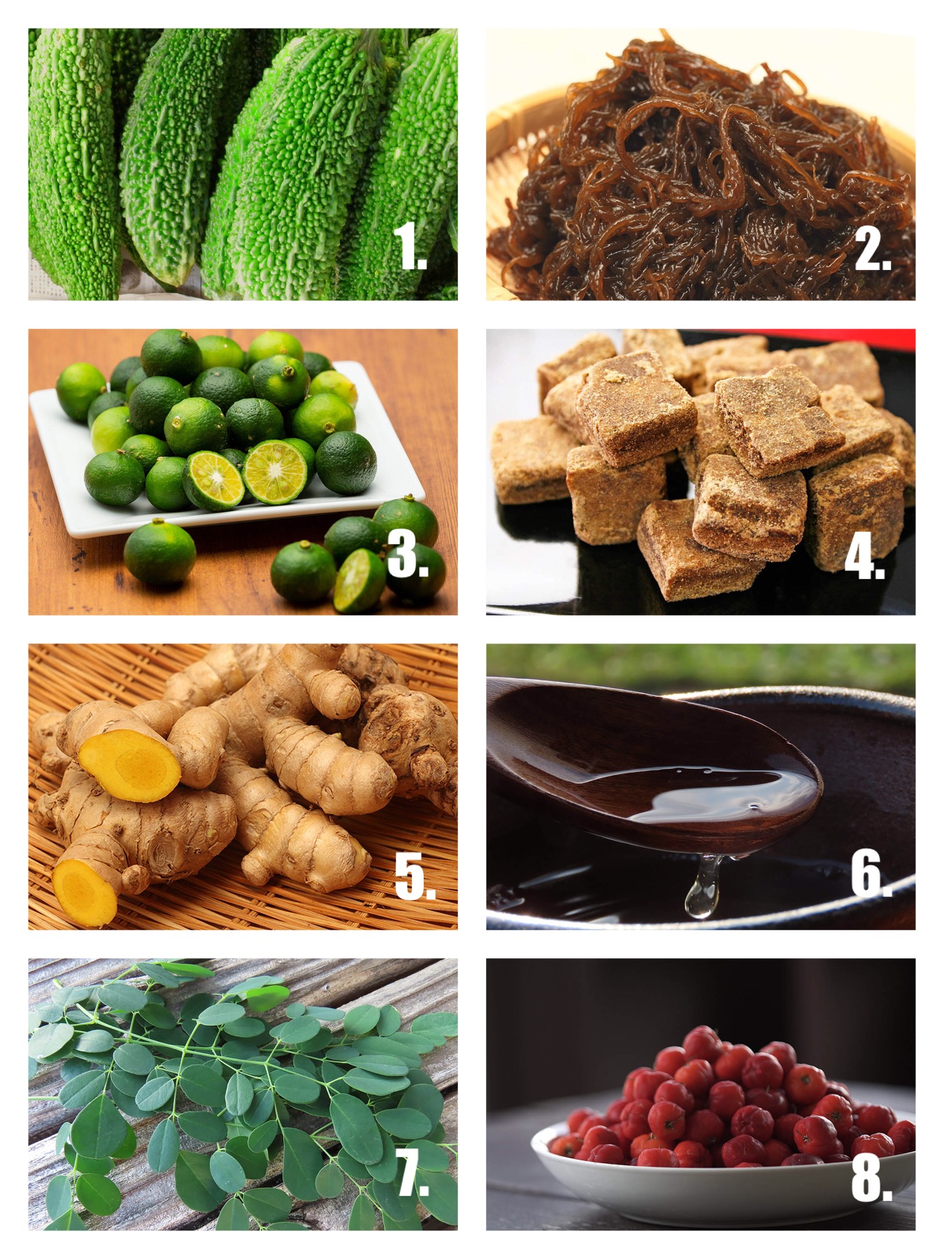 1. Goya 2. Mozuku seaweed 3. Shikuwasa 4. Sugarcane 5. Turmeric 6. Ryukyu moromi vinegar 7. Moringa 8. Acerola.