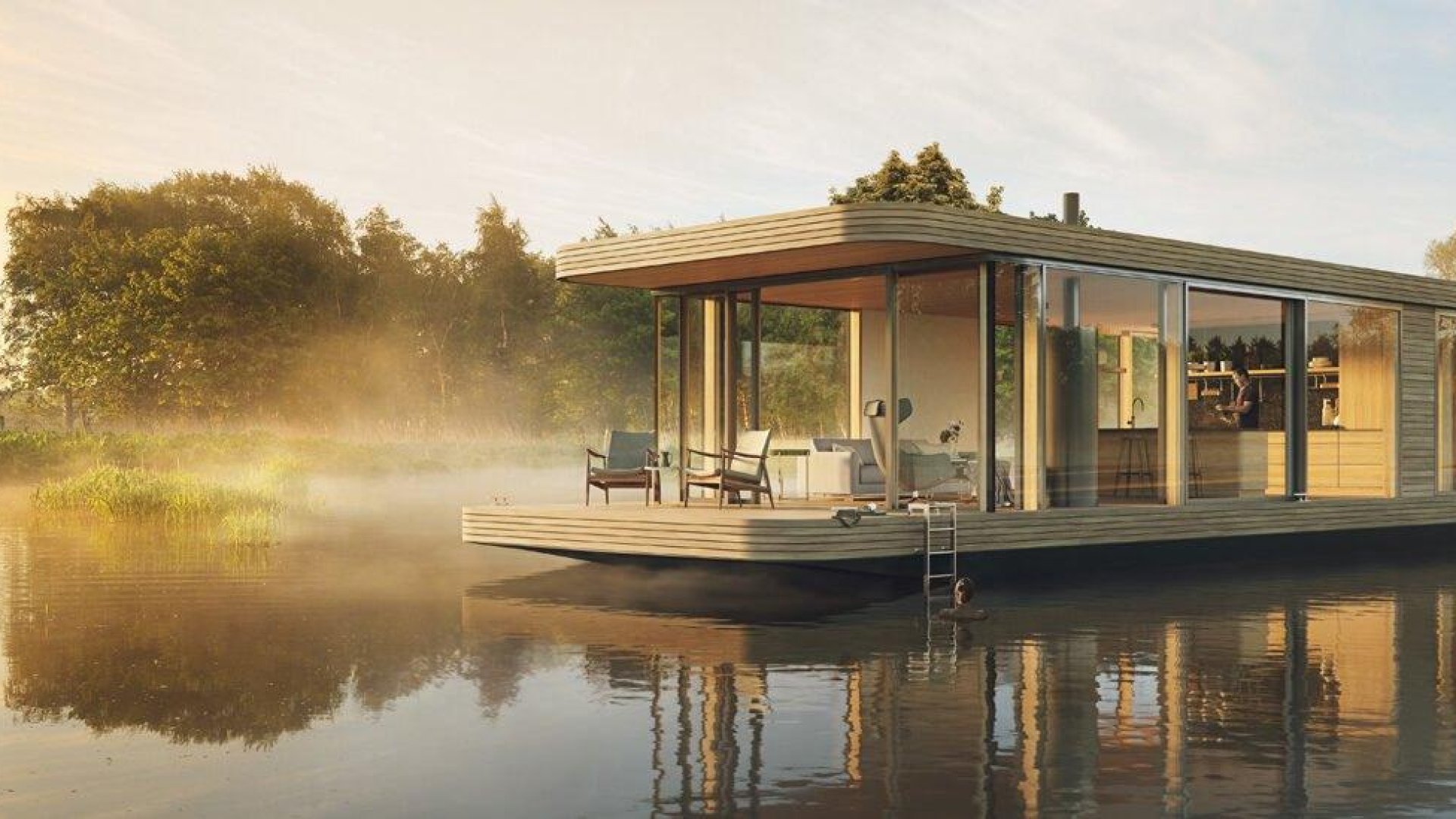 This solarpowered houseboat is designed for the waterloving