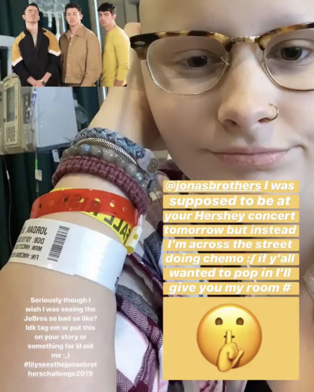 “I was supposed to be at your Hershey concert tomorrow but instead I’m across the street doing chemo,” wrote Lily. “If y’all wanted to pop in, I’ll give you my room number.”