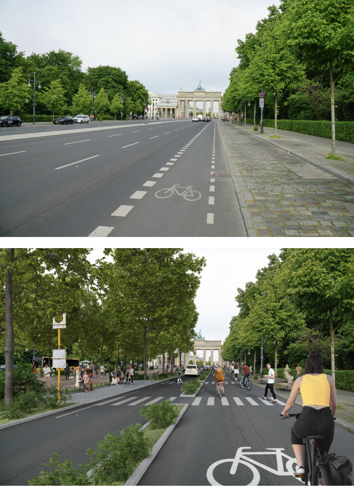 The road leading to the Brandenburg Gate today (top) and in a car-free Berlin, as rendered by campaigners (bottom). Volksentscheid Berlin Autofrei.