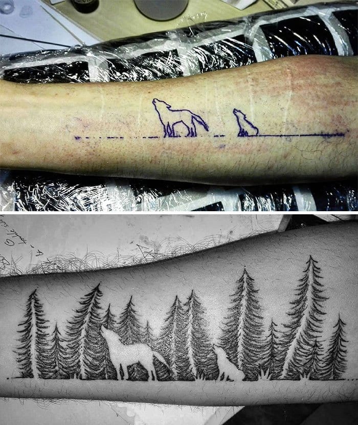 Here is a tattoo that started out as a more simple design, but turned into something more elaborate. Maybe this was a tattoo that they regretted since it didn’t cover up the obvious scars. The improved version does a great job of doing just that to the point of incorporating the scars into the design.