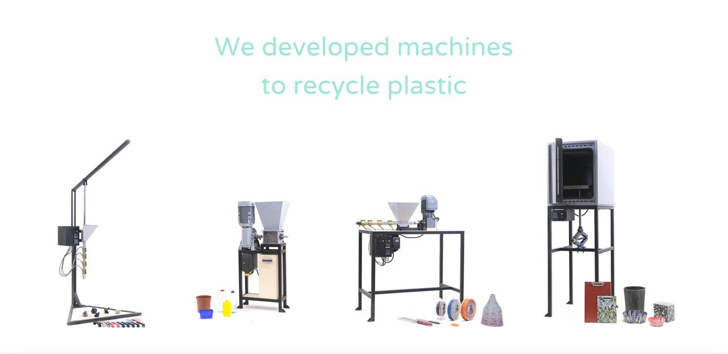 The recycling line includes a plastic shredder, an extruder, an injection moulder and a rotation moulder.