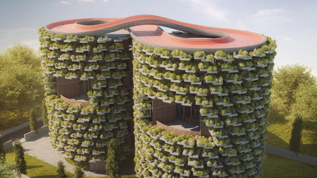 Spectacular plant-covered school with unique rooftop “Infinity” cycle track planned in India