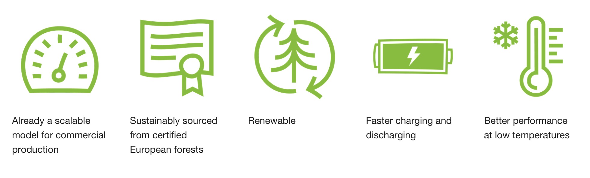 1) Already a scalable model for commercial production. 2) Sustainably sourced from certified European forests. 3)Renewable. 4) Faster charging and discharging. 5) Better performance at low temperatures.
