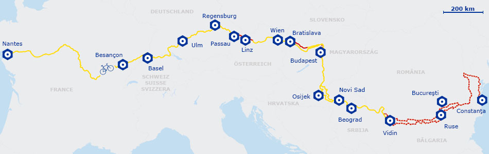 The EV6 traverses 10 countries, from Saint-Nazaire in France, eastward along the Loire to the River Saône, across the border to Switzerland, north into Germany, through Austria, Slovakia, Hungary, Serbia, Croatia, Bulgaria, and Romania to the Danube Delta, before terminating at Constanța on the Black Sea.