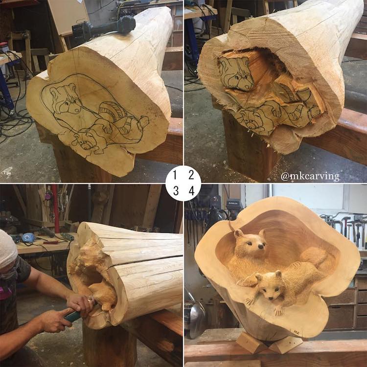 What start out as Disney-like drawings are transformed by the skill of the wood carver into lifelike woodland creatures, in this case a pair of raccoons.
