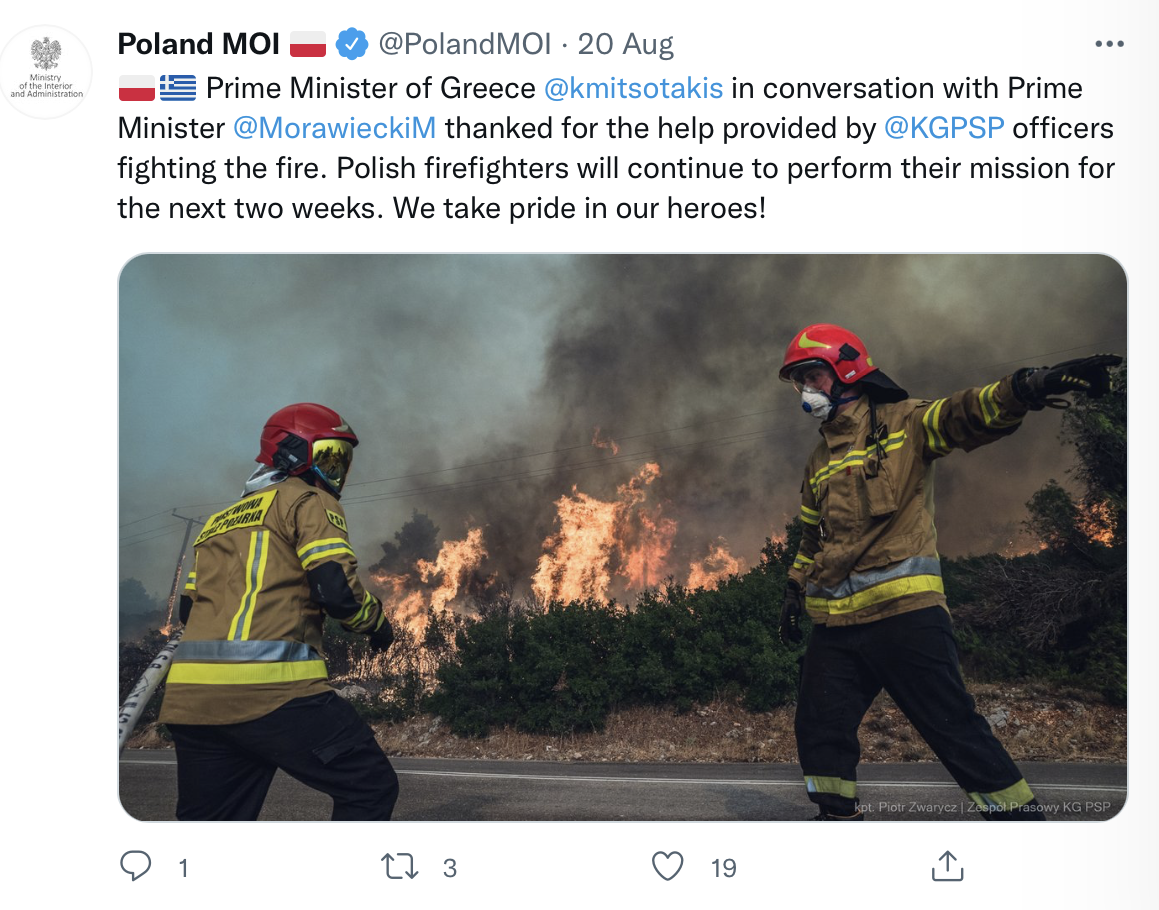 Aunque la mayoría de los bomberos extranjeros han abandonado Grecia, un equipo de 143 bomberos de Polonia sigue luchando contra el fuego en Villia, al noroeste del Ática.