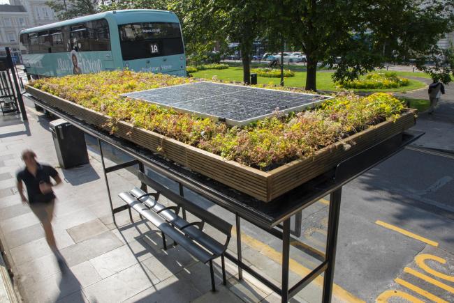 A new plant-topped bus shelter has officially opened – becoming the first of its type in the South of England. The solar-powered shelter is located in Palmeira Square in Hove, East Sussex, UK.
