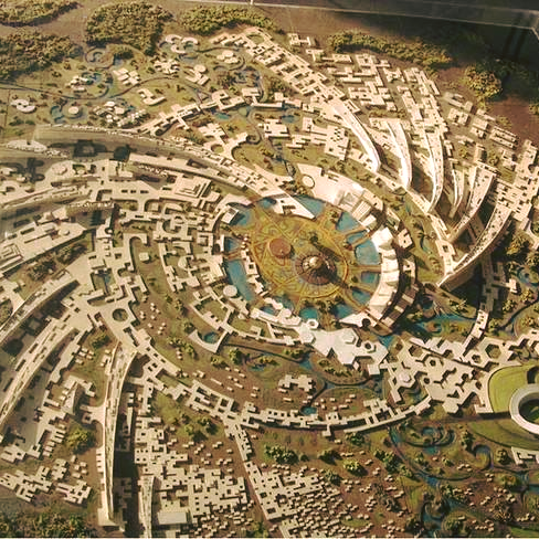 An artist's rendering of future developments in Auroville.