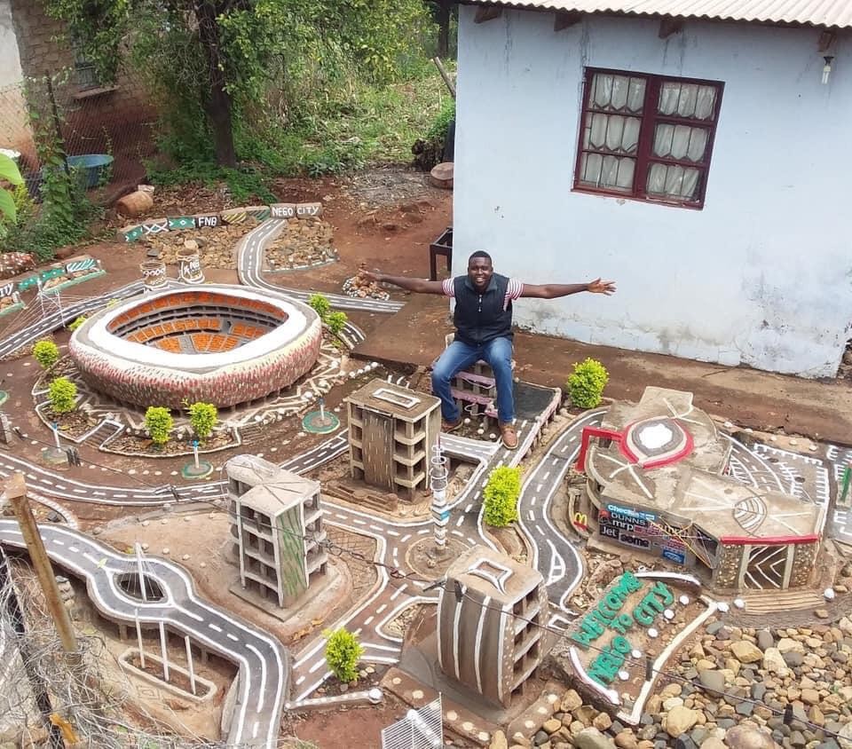 Mulalo used mud and water to build his city at first then he started using waste materials such as wires, plastics, cardboard, fabric and cement.
