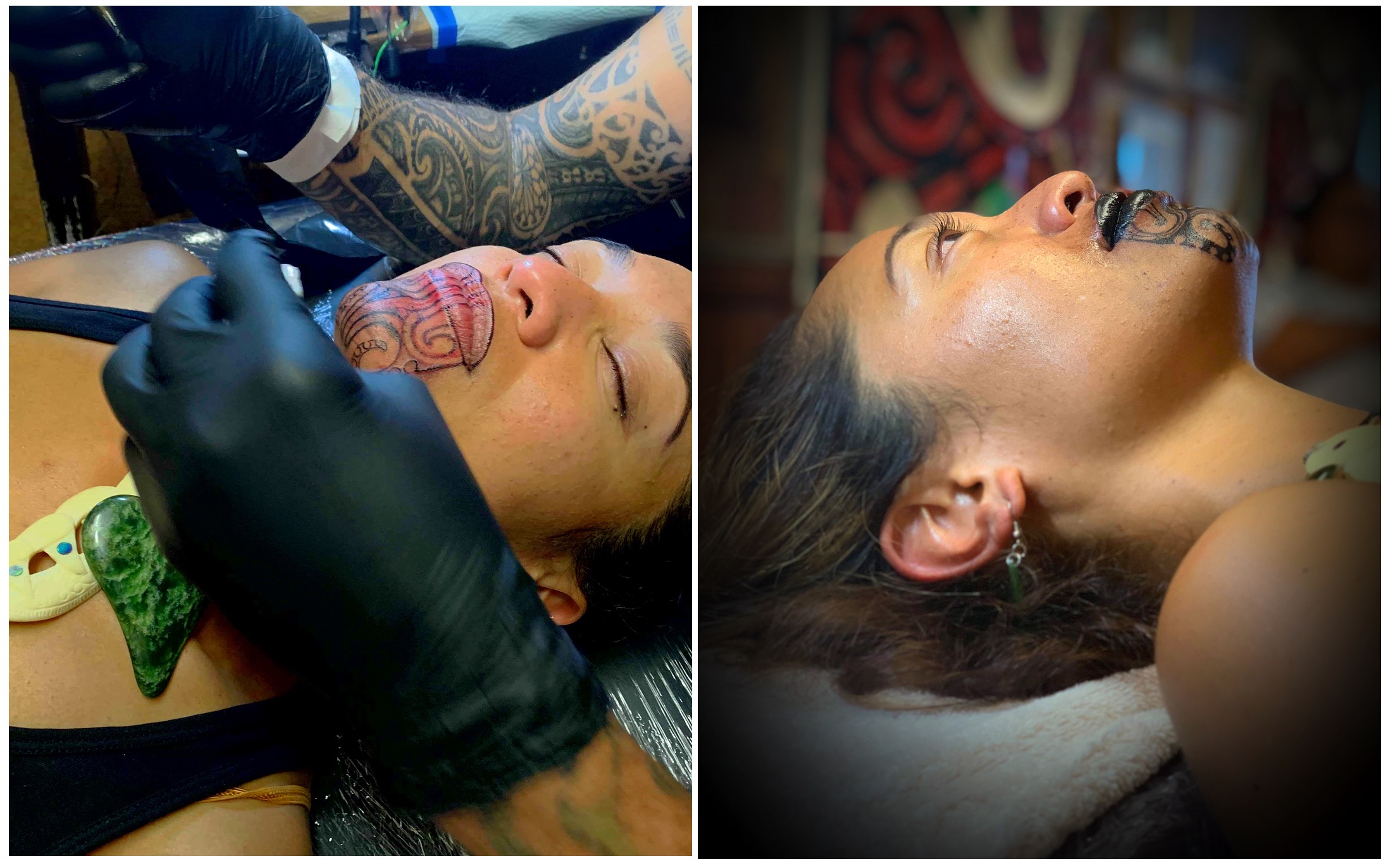 It also perpetuates a traditional taonga passed down over many generations from the ancestress Niwareka — Oriini Kaipara posted these images of her moko kauae tattooing to Instagram 5 January 2019.