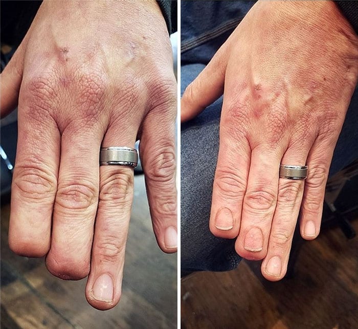 Aquí hay un tatuaje increíble. Esta persona perdió la parte superior de los dos primeros dedos de la mano. El artista del tatuaje tenía la habilidad de hacer que los tatuajes parecieran uñas reales, incluso dándoles la sombra que se podría encontrar bajo las verdaderas uñas.