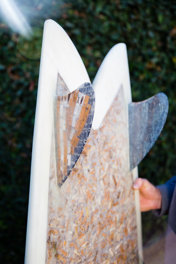 The fins were made from leftover fiberglass scraps from local surfboard glassers. He used Entropy Resins (soybean based) to glass and seal the surfboard, which is a much more sustainable and less toxic material than traditional resin. The Cigarette Surfboard, after months of labor and learning, had come to fruition. Seventeen pounds of butts.
