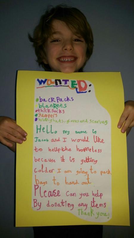 After becoming more and more concerned by the amount of homeless people he’d seen when visiting town centres in Essex and Sussex, and asking his parents endless questions about the well being of rough sleepers in the winter, Jacob went up to his bedroom and came down with a head full of ambition and this poster.