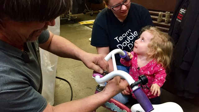 “I looked in toy stores, online, everywhere,” says Bobbie Jo, whose 3-year-old daughter Carlee has a form of dwarfism, leaving her legs too short for regular bikes and riding toys.
For Carlee, Jack cut up - and then welded back together - a pink princess bike, the smallest one he could find.