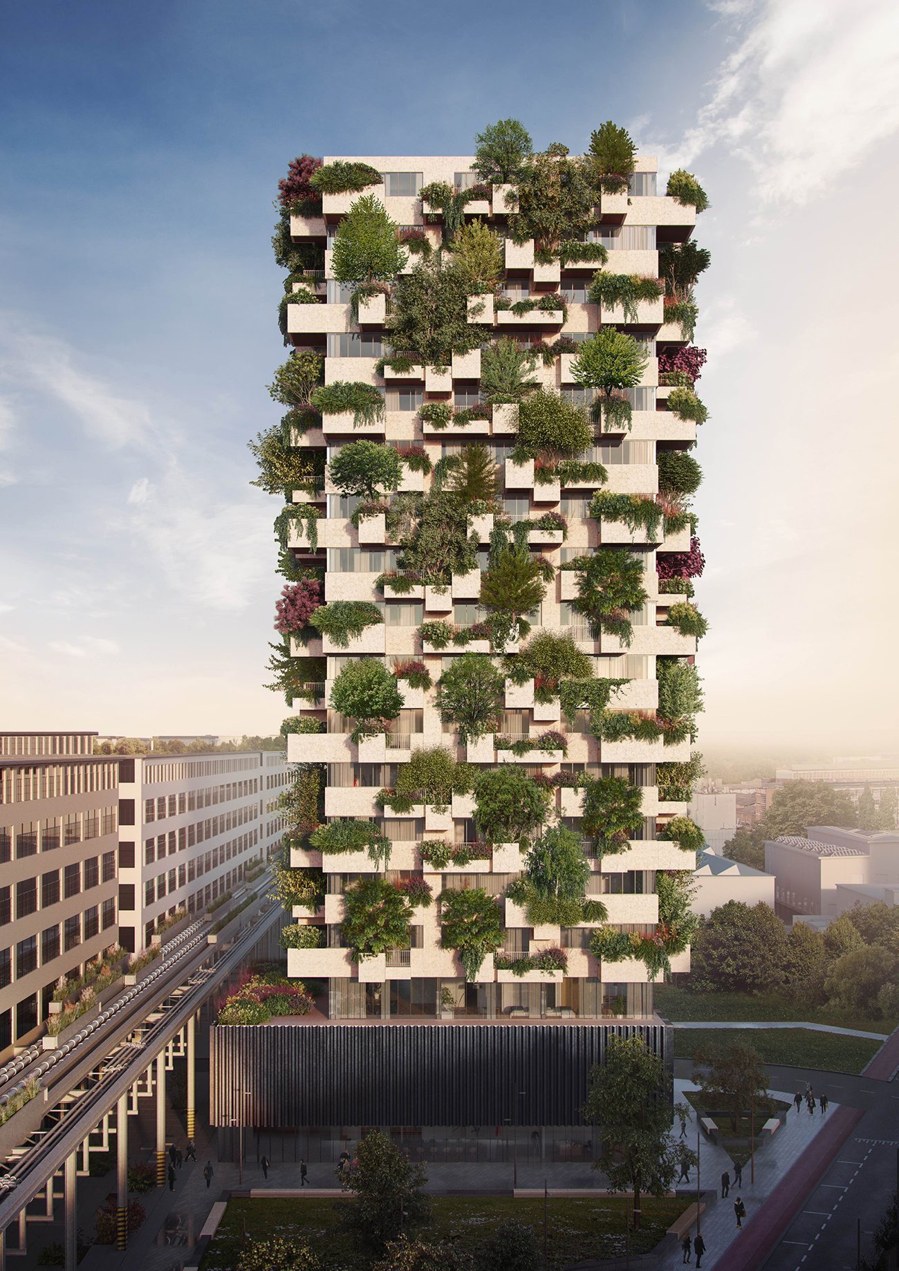 Overall, the Trudo Vertical Forest residential tower will reach a height of 75 metres and be able to host as many as 125 trees of various species on the whole of its four facades, to which about 5,200 shrubs and plants of smaller dimensions will be added.