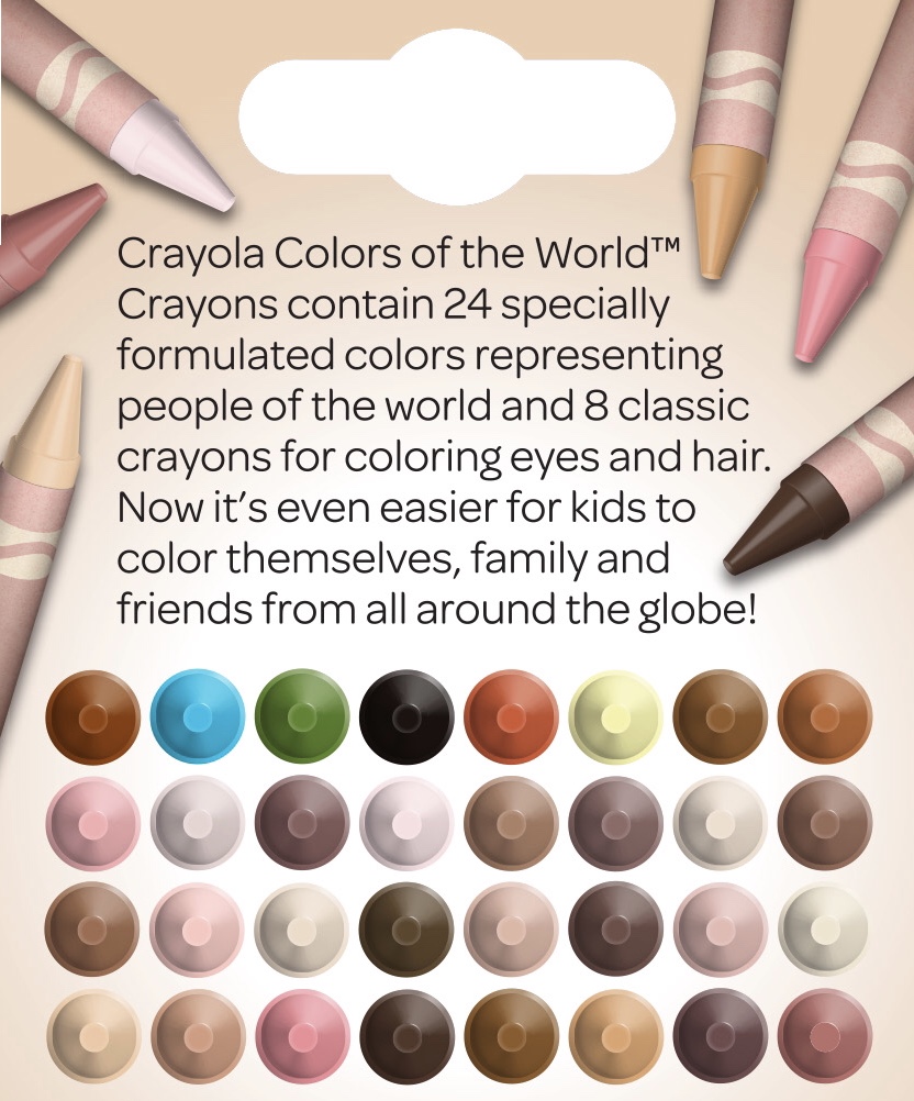 Juntos, Casale y Crayola crearon sistemáticamente colores de crayones de colores que van de los tonos claros a los profundos a través de subtonos rosas, almendrados y dorados, dando como resultado una paleta de 24 tonos globales que refleja auténticamente todo el espectro de la complexión humana.
