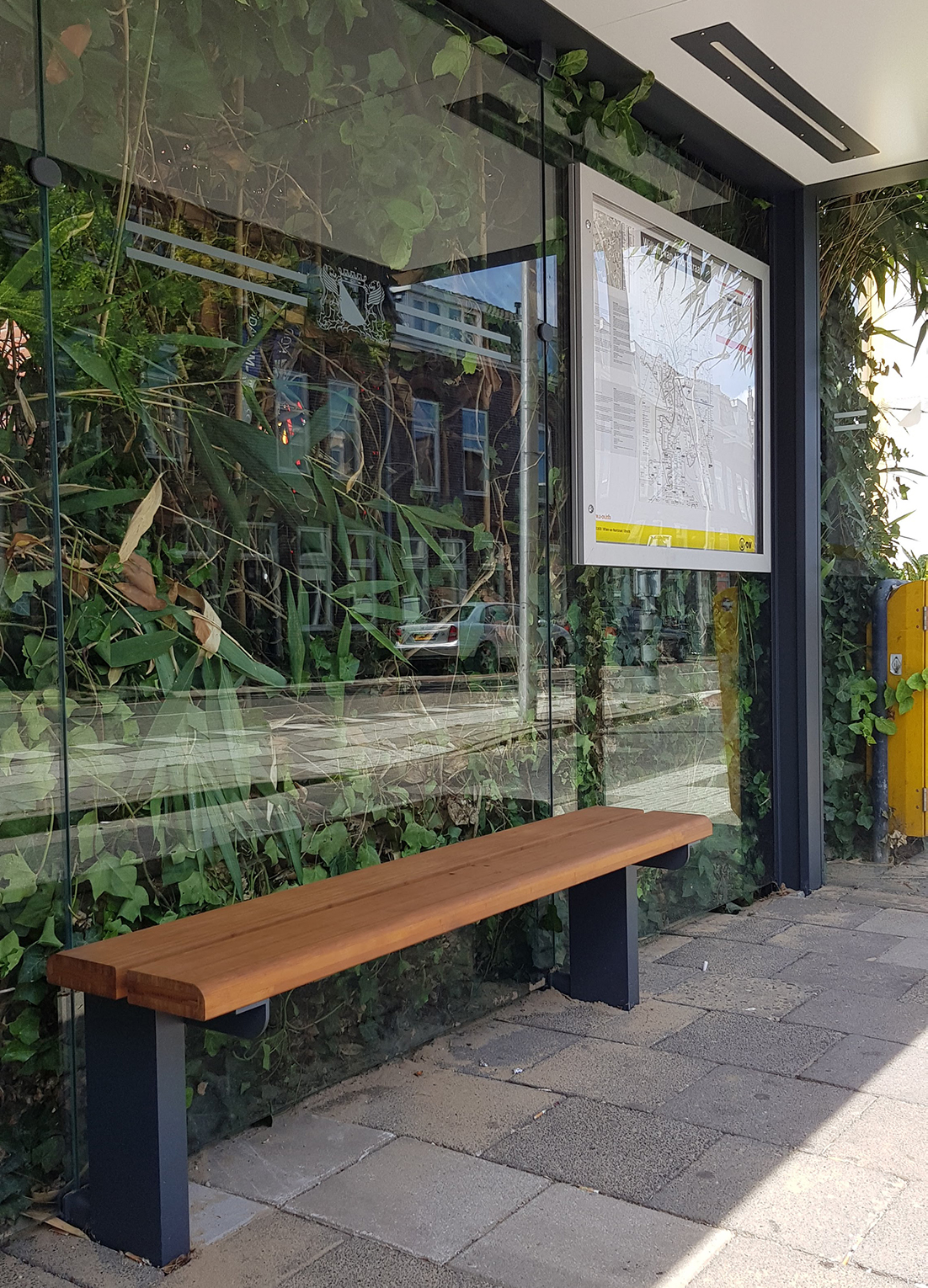 The bus stops are outfitted with efficient led lights and a bamboo bench.