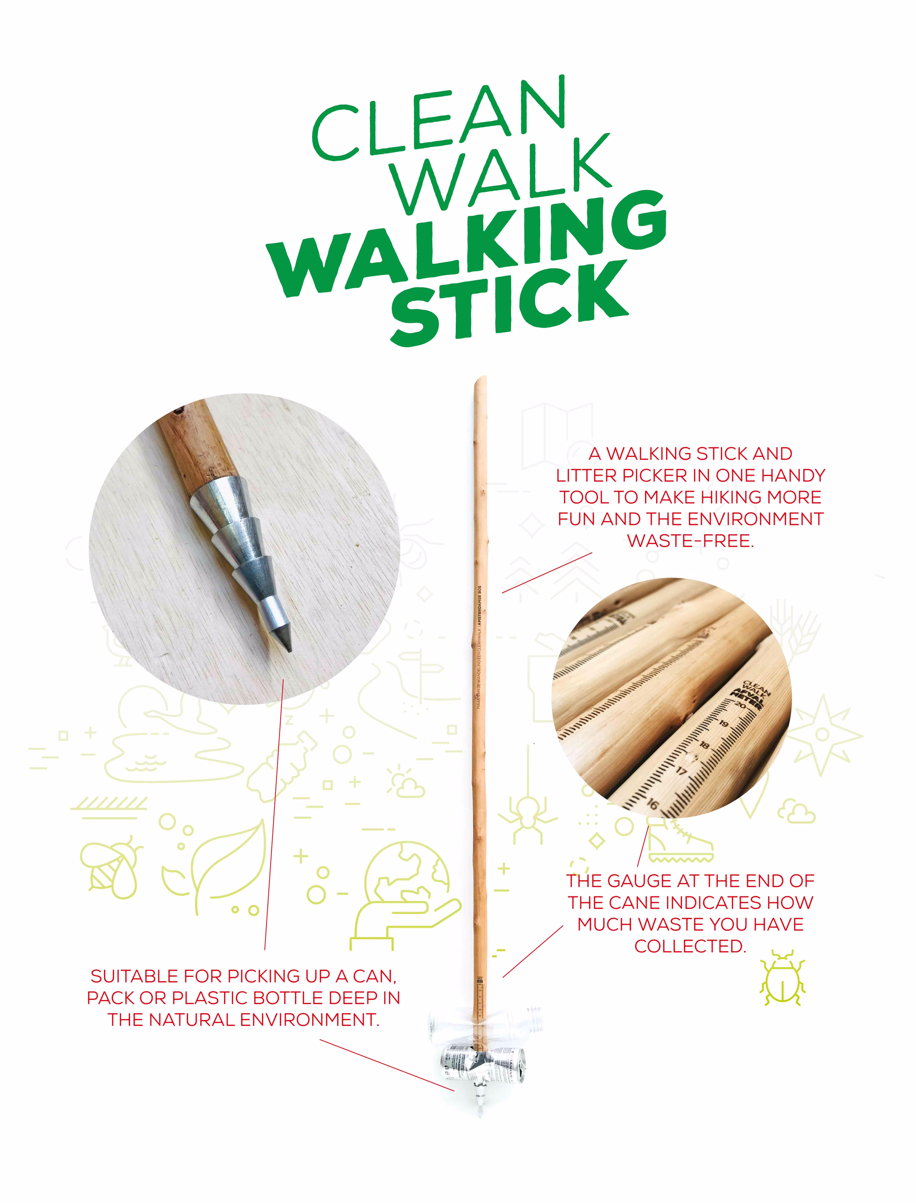 A walking stick and litter picker in one handy tool to make hiking more fun and the environment waste-free.