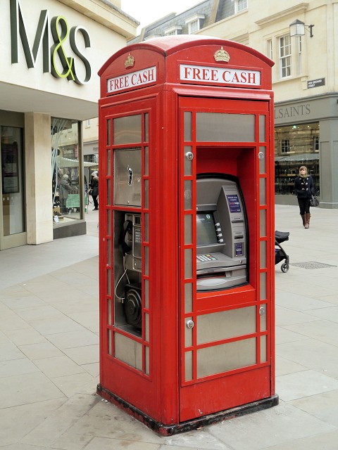 Apart from the defibrillators, this is quite possibly the most useful repurposing of an old phone boxes. Already situated in towns and cities, they provide the perfect places to withdraw cash.