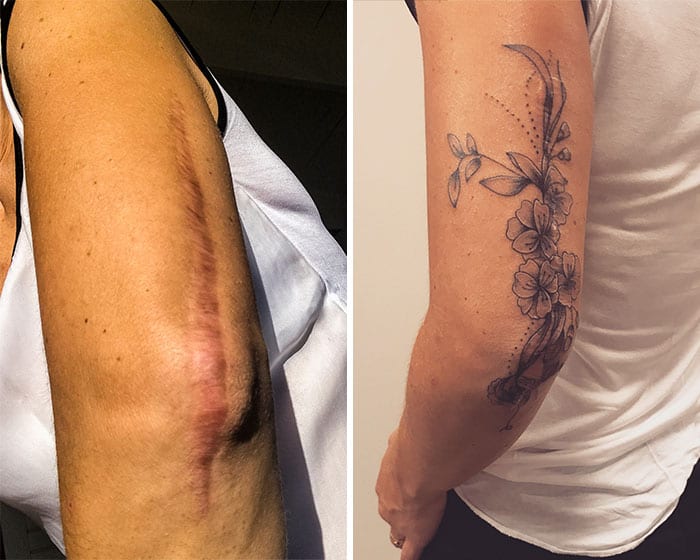 Aquí hay otro tatuaje de flores que funciona como parte del brazo de esta persona. No sólo el tatuaje se ve bien, sino que cubre completamente la cicatriz en la parte posterior del brazo de esta persona.