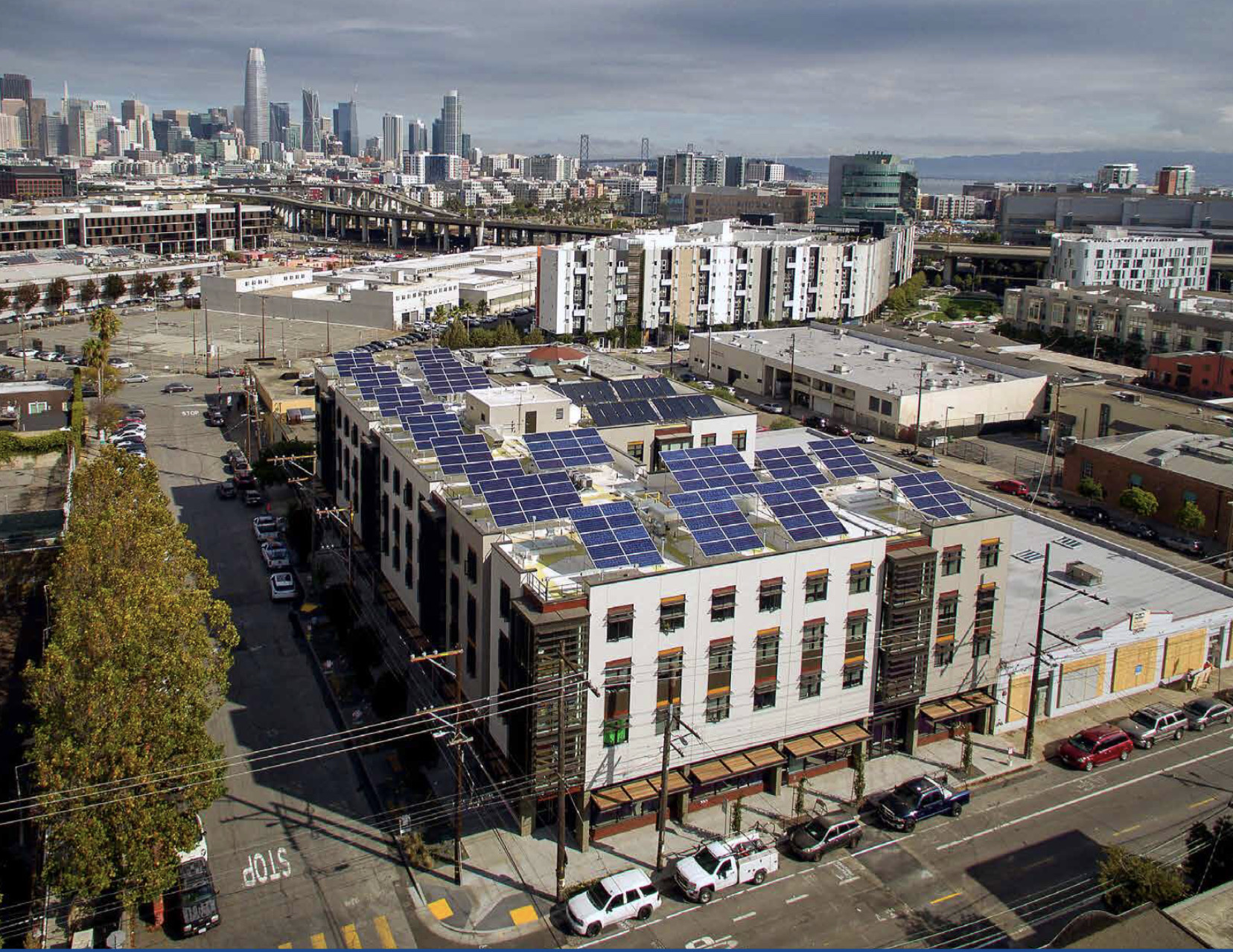 Among the 56 cities included in every edition of “Shining Cities,” 15 have increased their solar capacity at least tenfold from 2014 to 2022. With over 100 watts of solar installed per person, 19 cities have reached the rank of “Solar Superstar.” Pictured, Sun Light & Power Student housing at the California College of the Arts, San Francisco. Photo: Marc Kollar.